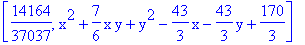 [14164/37037, x^2+7/6*x*y+y^2-43/3*x-43/3*y+170/3]